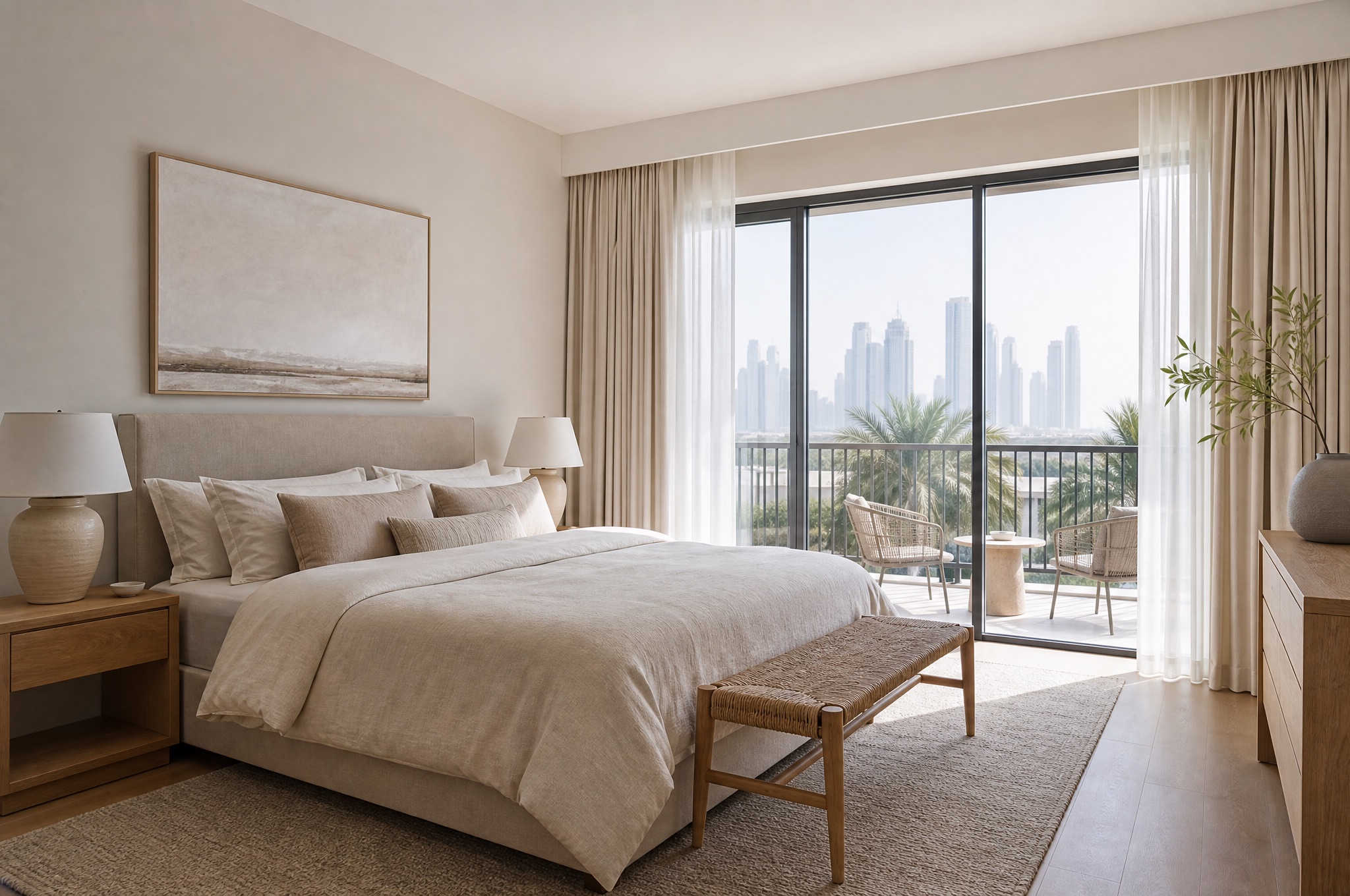 A main bedroom with linen bedding and morning light from a balcony doorway