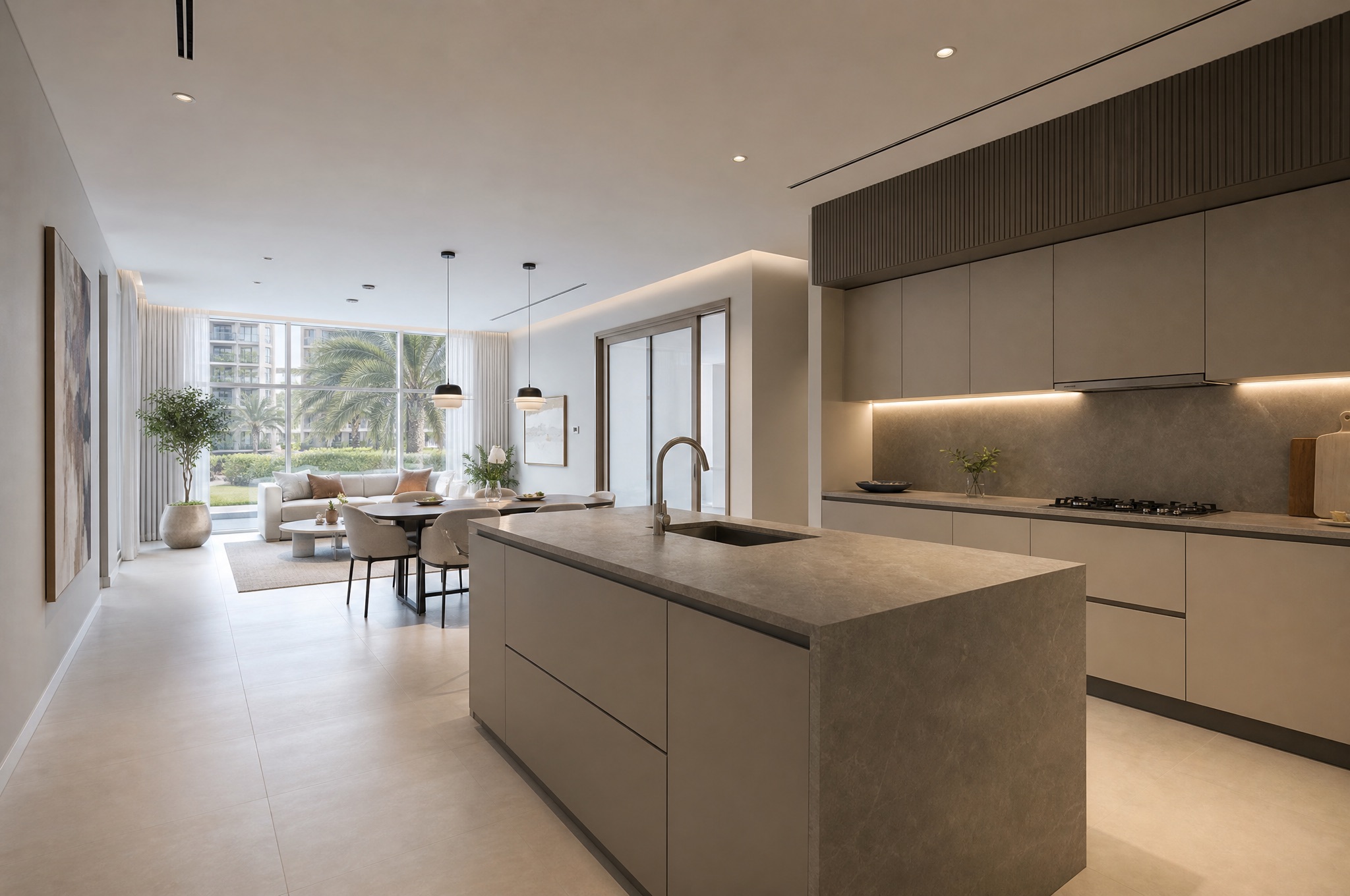 An open-plan kitchen with a stone worktop under soft window light