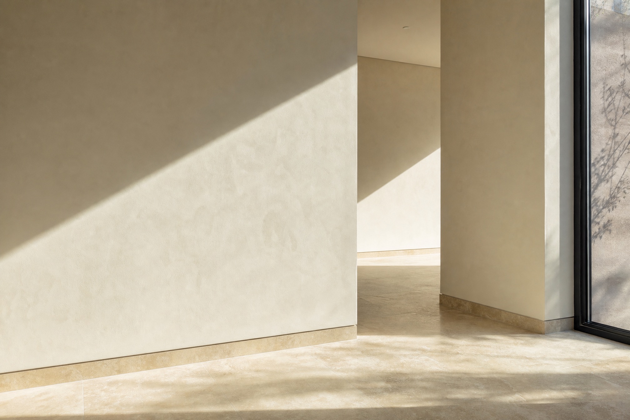 Daylight falling across a plain plaster wall and a stone floor