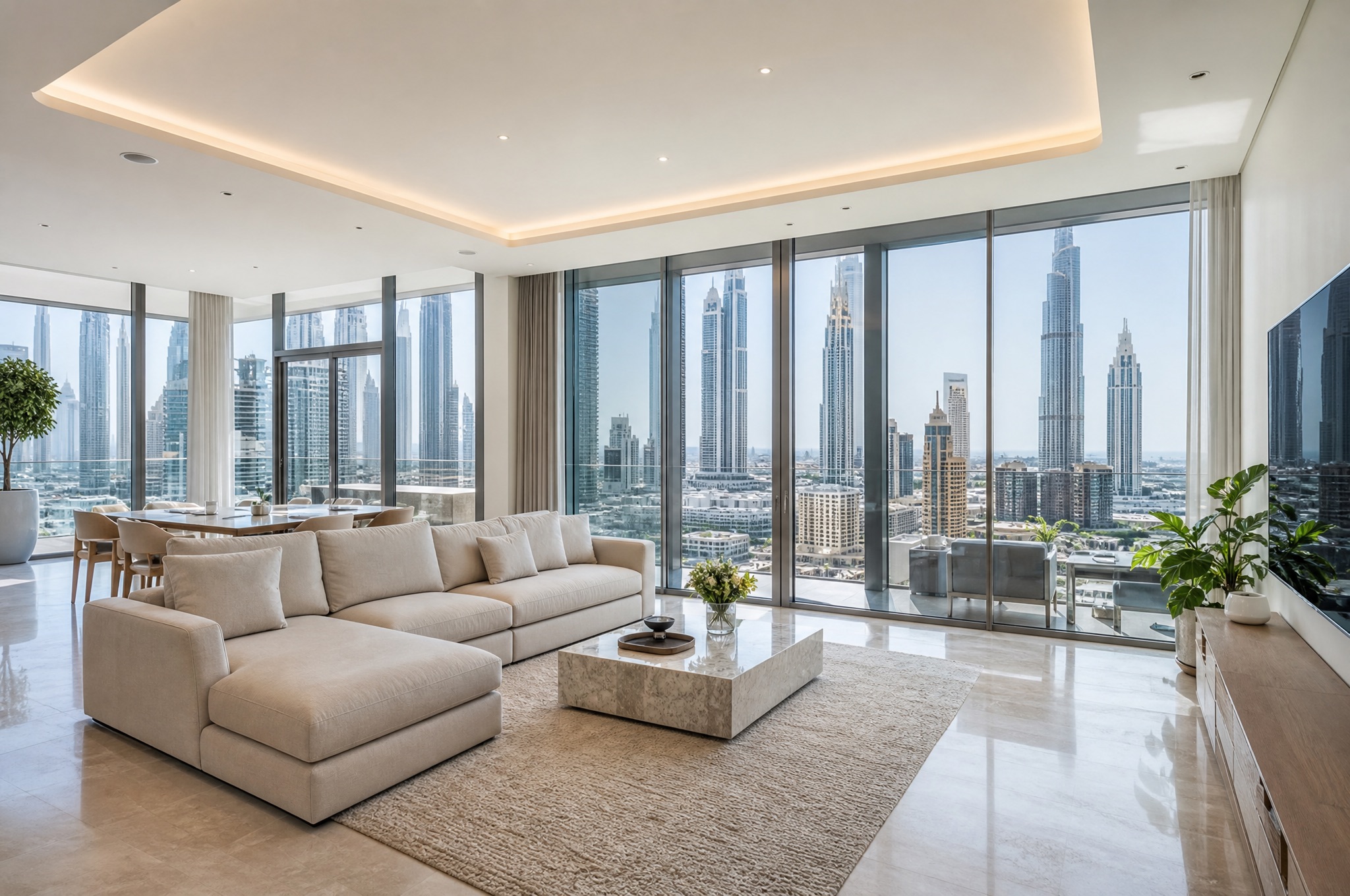 A high-floor apartment living room with floor-to-ceiling glass looking over the Dubai skyline