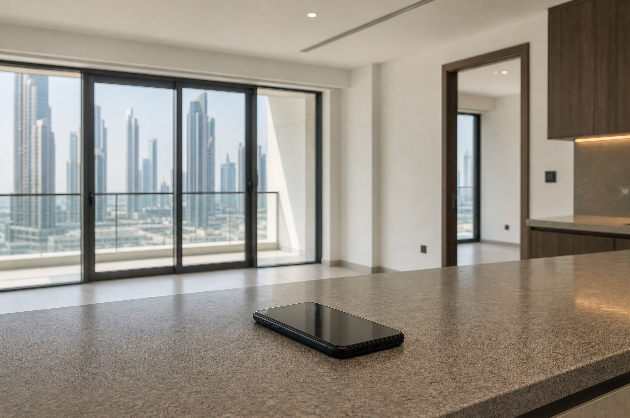 A phone resting on a kitchen counter in an empty apartment, the city visible through the balcony doors