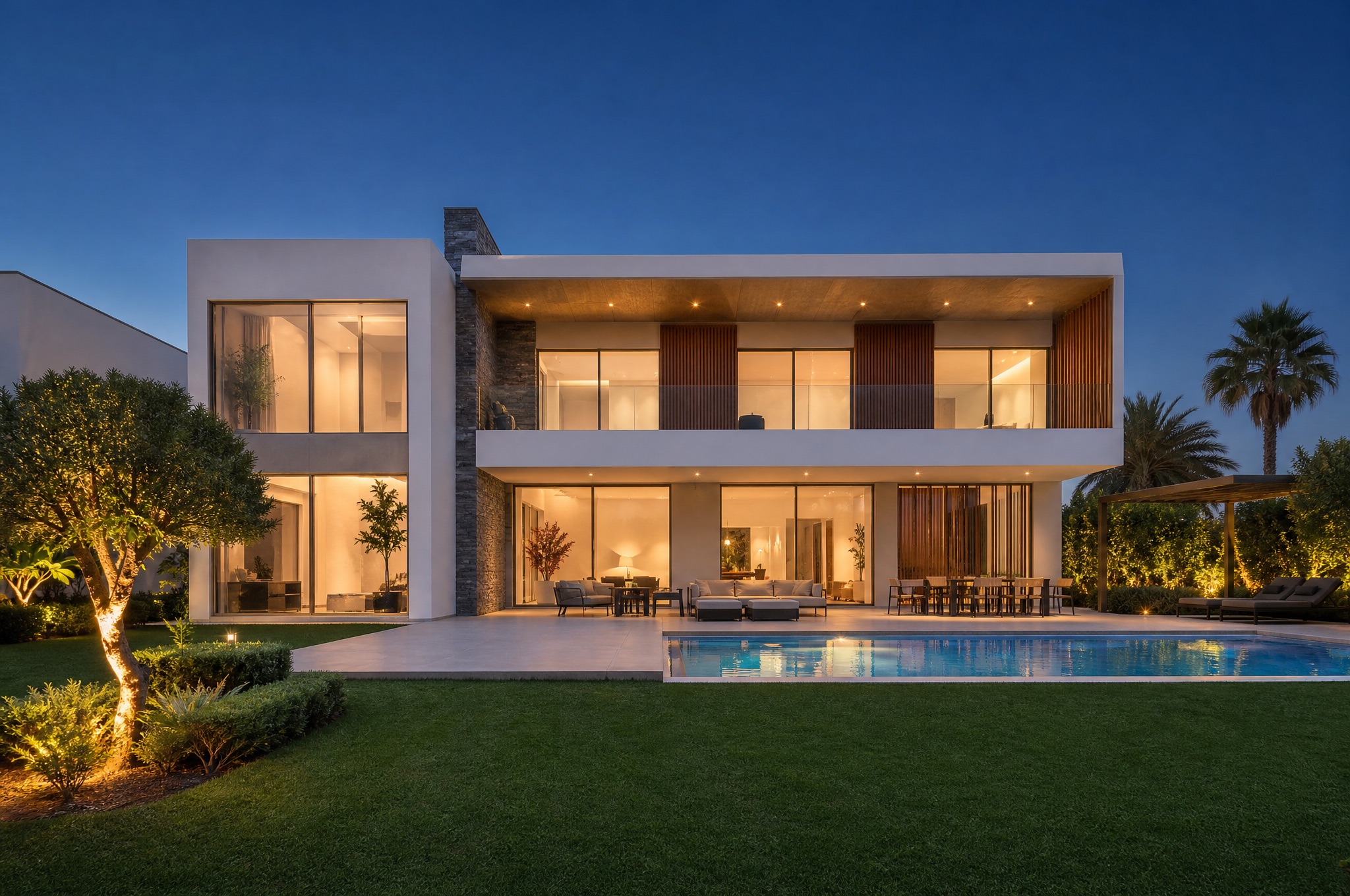 A modern villa at dusk, its windows lit, with a pool and planting in the foreground