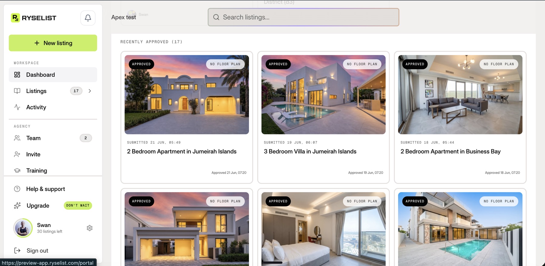The Ryselist portal dashboard, showing recently approved listings with their submission and approval times